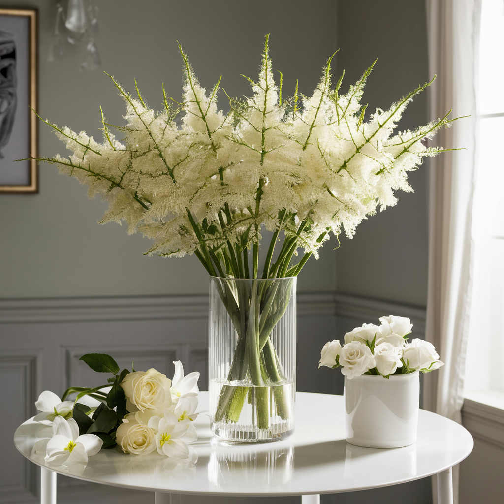 Astilbe Astary white bouquet in tall glass vase by Elandra Flowers, best flower shop in Dubai