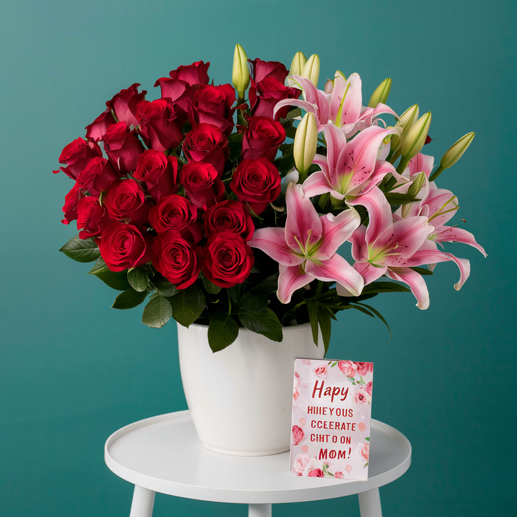 Mixed bouquet with red roses and pink oriental lilies by Elandra flowers, best flower shop in Dubai
