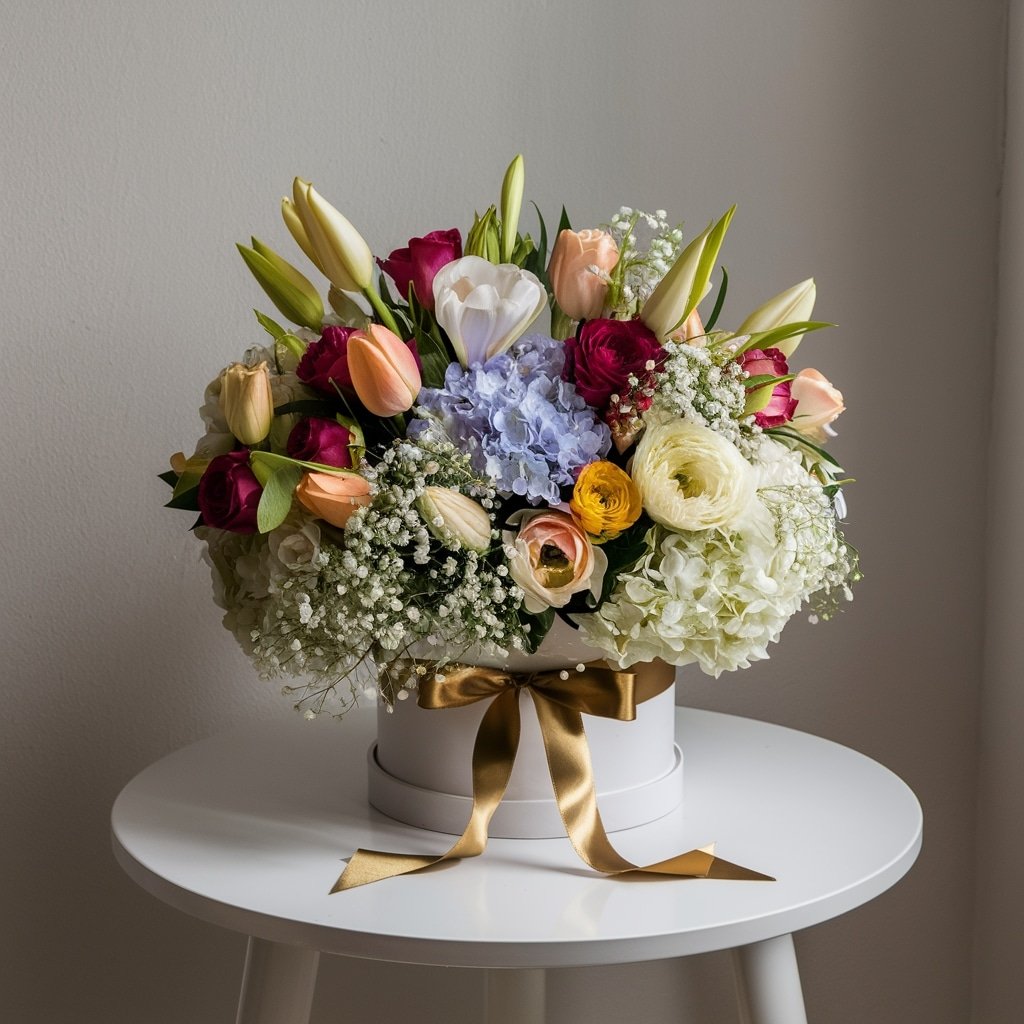 Blended bouquet with tulips, hydrangeas, roses, gypsophila, and lilies by Elandra Flowers, best flower shop in Dubai