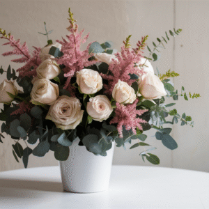 Blush rose and eucalyptus bouquet by Elandra Flowers, best flower shop in Dubai