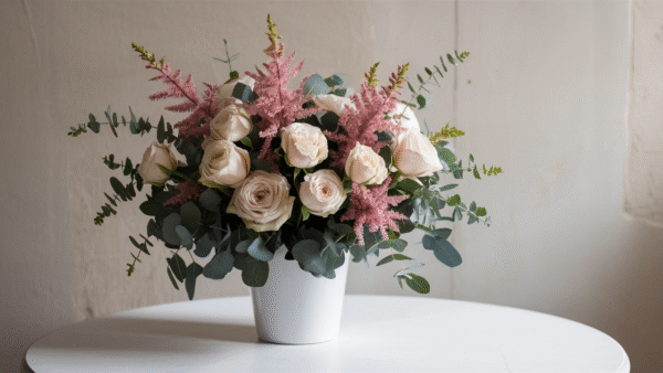 Blush rose and eucalyptus bouquet by Elandra Flowers, best flower shop in Dubai