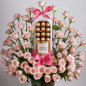Pink roses and Ferrero Rocher chocolate arrangement by Elandra flowers, best flower shop in Dubai