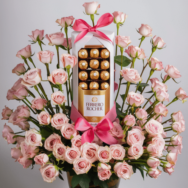 Pink roses and Ferrero Rocher chocolate arrangement by Elandra flowers, best flower shop in Dubai