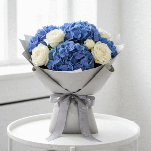 Elegant Blue Hydrangea & White Roses Bouquet from Elandra Flowers – Best Flower Shop in Dubai