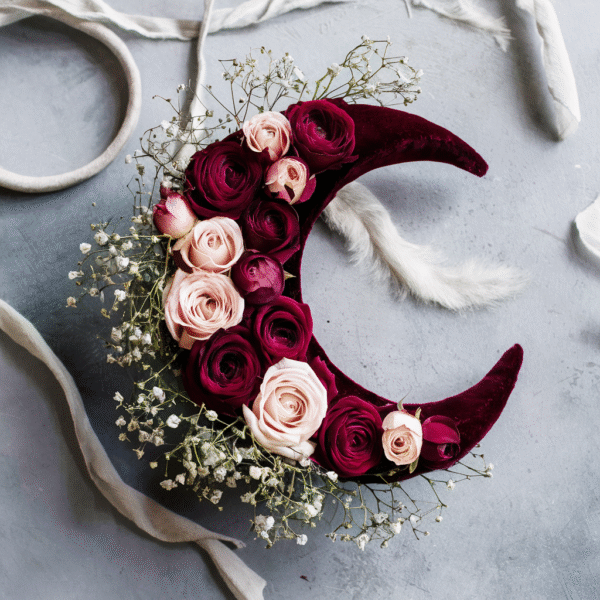 Crescent Moon flower arrangement with red and pink/blush roses and gypsophila by Elandra flowers, best flower shop in Dubai